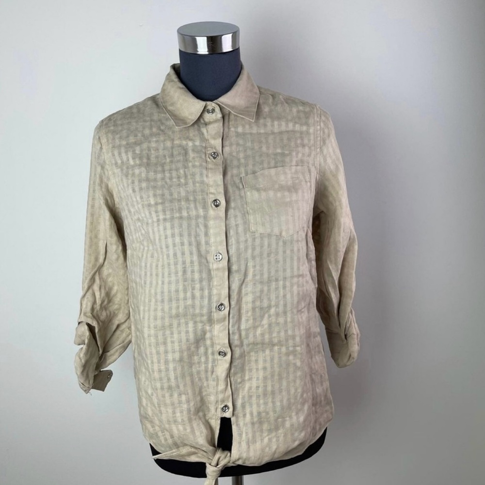 Charter Club luxury Beige striped linen long sleeve button up blouse Shirt